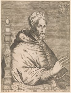 Paavi Gregorius XIV:n muotokuva istumassa Gregory XIII Pon. Max. (otsikko esineessä) tekijältä Nicolaus van Aelst (attributed to)