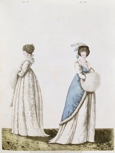 Iltapäivämekot viikunat. 327 ja 328 Nikolaus Heideloffin teoksesta `Gallery of Fashion