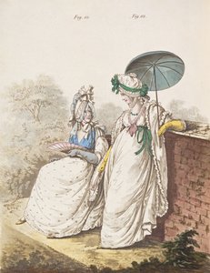 Aamupuvut, viikunat. 111 ja 112 Nikolaus Heideloffin "Gallery of Fashion" -julkaisusta, osa II, syyskuu 1796 (tulostus)