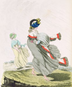 Aamupuvut viikunat. 134 ja 135 Nikolaus Heideloffin "Gallery of Fashion" -julkaisusta, Vol II, huhtikuu 1797 (tulostus)