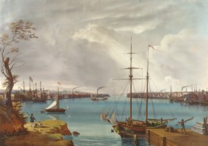 Näkymä New Yorkista, Brooklynista ja Navy Yardista otettu Heightsista Williamsburgin lähellä, n. 1835-45 (guassi, wc paperilla)