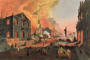 Näkymä raunioista New Yorkin suuren tulipalon jälkeen, 16.-17.12.1835, kaiverrus W.I. Bennett, pubi. L.P. Glover, New York, 1835 (väriakvatinta)