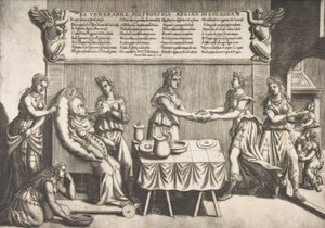 Kunnianarvoisa Idleness, Cockaignen kuningatar, lihava nainen, joka istuu siirrettävällä wc-tuolilla..., 1565. tekijältä Nicolo Nelli