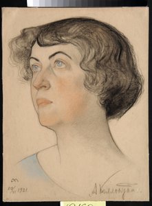 Muotokuva Aleksandra Mihailovna Kollontaista (1872-1952), Venäjän kommunisti- ja neuvostopoliitikko (Alexandra M. Kollontai) - Nikolai Andrejevitš Andreevin (1873-1932) piirros verta ja liitua paperille (32,2x24,3 cm) tekijältä Nikolai Andreevich Andreev