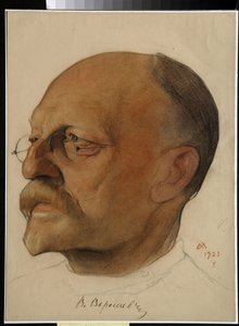 Muotokuva Vikenti Vikentjevitš Smidovitshista, kuten Vikenti Veressajev (1867-1945), venäläinen lääkäri ja kirjailija (Vikenty Vikentyevich Veresaev) - Piirustus Nikolai Andreevich Andreev (1873-1932) sangviini ja värikynät paperille (32,5x24 cm) tekijältä Nikolai Andreevich Andreev