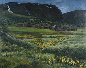 Kesäkuun yö ja vanha Länsi-Norjan piha (öljy kankaalle) tekijältä Nikolai Astrup