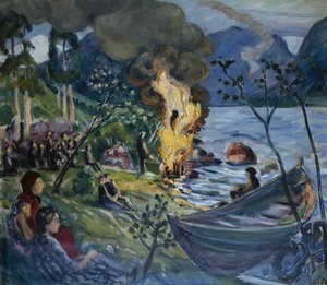 Juhannustuli Jølsterin vesillä (öljy kankaalle) tekijältä Nikolai Astrup