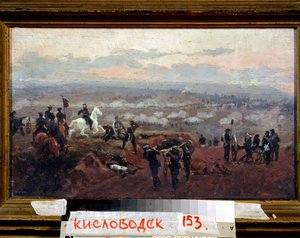 Hyökkäys vihreille kukkuloille - Episodi Krimin sodasta (1853-1856) - Nikolai Dmitrievich Dmitriev Orenbourgskyn maalaus (Dmitriev-Orenbourgsky tai Dmitriev Orenburgsky tai Dmitriev-Orenburgsky) (1837-1898), öljy puulle tekijältä Nikolai Dmitrievich Dmitriev Orenburgsky