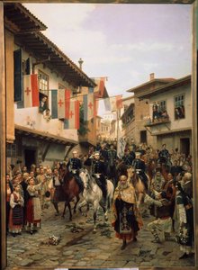 Venäjän-Turkin (Venäjä-Turkin) sota 1877-1878: "Venäjän suuriruhtinas Nikolai Nikolajevitš (1831-1891) Veliko Tarnovossa 6.3.1877 Bulgariassa" " Nikolai Dmitrievich Dmitriev Orenburgskyn maalaus (D