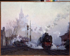 Tiellä (On the Way). Höyryveturit hukuttavat kaupunkimaiseman savupiipuistaan. Nikolai Dmitrijevitš Kuznetsovin (1923-1974) maalaus öljy kankaalle