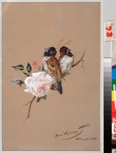 Kaksi lintua ruusulla - Nikolai Jegorovich Sverchkov (Nicolas Swertschkoff) (1817-1898) teos, akvarelli ja tussi paperille