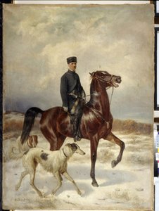 Metsästäjä (The Hunter). Hevosen selässä ja Barzoi-koirien (venäläinen vinttikoira) seurassa. Nikolai Jegorovich Sverchkov (Nicolas Swertschkoff) (1817-1898) maalaus, öljy kankaalle. venäläistä taidetta