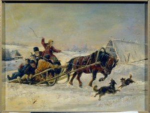 Mardi Gras (carnaval). (Després de les festes, una dona acompanya els homes borratxos en el seu trineu tirat per cavalls). Pintura de Nikolai Yegorovich Sverchkov (Nicolas Swertschkoff) (1817-1898), oli sobre tela. art finlandès rus