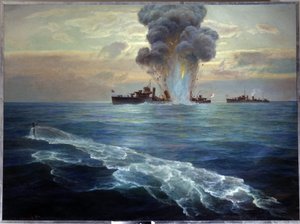 Venäjän sisällissota: Bolshevikkisukellusvene Pantera torpedoi brittihävittäjän Victorian Seskar-saaren edustalla (Suomenlahti), 1.9.1919 (Brittiläinen hävittäjä Vittoria torpedoi bolshevikkien sukellusvene Pantera I:n edustalla) tekijältä Nikolai Evlampievich Bublikov