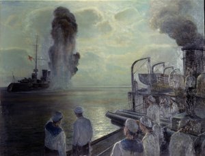 Venäjän vuoden 1917 vallankumous: Venäjän Mustanmeren laivasto upottaa omat aluksensa 18. kesäkuuta 1918. (Mustanmeren laivaston itse uppoaminen 18. kesäkuuta 1918). Nikolai Eviampievich Bublikovin (1871-1942) maalaus öljy kankaalle tekijältä Nikolai Evlampievich Bublikov