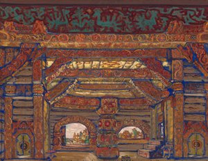 Tsaari Berendeyn palatsi. Lavastus A. Ostrovskin teatterinäytelmään Snow Maiden, 1912 tekijältä Nikolai Konstantinowitsch Roerich