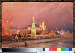 Moskovan Kremlin valaistus. Kaupunkimaisema, jossa Venäjän liput ja väkijoukkoja kokoontuivat Moskovan laitureille. Maalaus Nikolai Nikolajevitš Gritsenko (1856-1900), öljy kankaalle 1896. Venäläinen taide, pa tekijältä Nikolai Nikolaevich Gritsenko