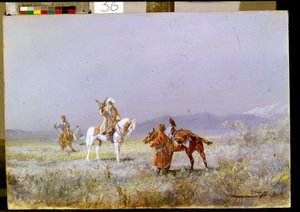 Haukkametsä (The Falconry). Keski-Aasian ratsastajat kouluttavat haukkoja metsästämään aroilla. Nikolai Nikolajevitš Karasinin (1842-1908) maalaus öljy kankaalle tekijältä Nikolai Nikolaevich Karazin