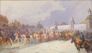 Vangitun Kuchum Khanin perheen saapuminen Moskovaan. 1599, 1891.