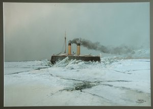 Venäläinen jäänmurtajalaiva Iermak (Jäänmurtaja Yermak) - Nikolai Nikolajevitš Karasinin (1842-1908) työ, akvarelli ja valkoinen paperille (45,4x76 cm)
