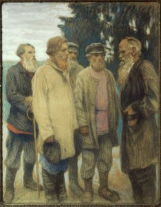 Leo Tolstoj maanviljelijöiden kanssa / Bogdanow-Bjelskin pastelli