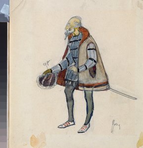 Valmisteluasu, Miserly Knight, Aleksanteri Pushkinin (1799-1837) teatterinäytelmään "The Avare Knight" (Pushkinin teatterinäytelmän "The Miserly Knight" pukusuunnittelu) - Nikolai Pavlovich Uljanovin (Uljanov) teos ( 1875-1949), cra