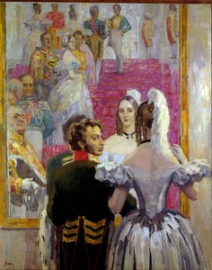 Venäläinen runoilija Aleksanteri Puškin (Pushkin) (1799-1837) ja hänen vaimonsa Natalia Gontcharova (Goncharova) Anichkofin palatsin ballissa. Nikolai Pavlovich Uljanovin (Uljanov) maalaus (1875-1949)