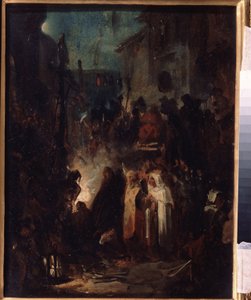 Autodafe (Autodafe). Katukuvaus, yöllä, inkvisitiotuomioistuimen tuomion jälkeen, joukko ja kirkolliset kokoontuvat tulen ympärille. Nikolai Petrovitš Lomtevin (1816-1859) työ, öljy pahville. venäläistä taidetta tekijältä Nikolai Petrovich Lomtev