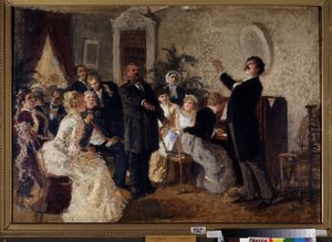 Duo. (Laulajat konsertoimassa yksityisessä huoneessa). Nikolai Petrovitš Zagorskyn (1849-1893) maalaus öljy kankaalle. venäläistä taidetta tekijältä Nikolai Petrovich Zagorsky