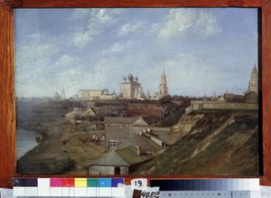 Näkymä linnoitukselle Ryazanissa (Venäjä). (Näkymä Ryazanin linnoitukselle). Nikolai Stepanovitš Ivanovin (1816-1891) maalaus, öljy kankaalle, noin 1840, 1800-luvun venäläistä maisemataidetta. Osavaltion alueellinen I.Pozhalostinin taidemuseo, Ryazan (Venä tekijältä Nikolai Stepanovich Ivanov