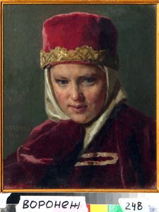 Boyar Woman (boiard, boiar) (Boyarin vaimo). Yllään vanhan Venäjän perinteisiä vaatteita Moskovan suurruhtinaskunnassa. Nikolai Vasilyevich Nevrevin (1830-1904) maalaus öljy kankaalle
