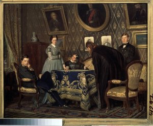 Osasto. Noloilta ja häpeiltä näyttävät hahmot kokoontuivat pöydän ympärille porvarilliseen sisustukseen. Nikolai Vasilyevich Nevrevin (1830-1904) maalaus