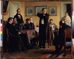 Näyttelijä Pavel Mochalov (1808-1848) ympäröi ihailijansa. (Näyttelijä P. Mochalov fanien joukossa). Romanttisen Venäjän suurimpana tragediana pidetty hän tulkitsee roolia yksityisessä salongissa, katsojat tarkkaavaisia ​​ja tunteiden vallassa. tekijältä Nikolai Vasilievich Nevrev
