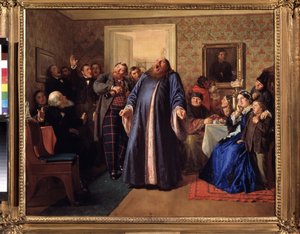 Protodiakoni kauppiaan nimipäiväjuhlissa. Nikolai Vasilyevich Nevrevin (1830-1904) maalaus, öljy kankaalle, noin 1860. 1800-luvun venäläistä taidetta. Valtion Tretjakovin galleria, Moskova