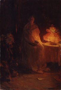 Kirje (A Letter). Surullinen nainen, jolla on hyvin melankoliset kasvot, yöpuvussa, yöpöydän lampun lähellä, pitää kädessään kirjettä, jonka kirjekuori on pudonnut lattialle. Nikolai Aleksejevitš Kasatkin (Kasatkin) (1859-1930) maalaus öljy kankaalle