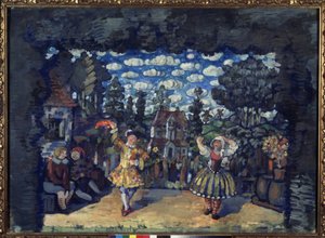Hotelli Green Bullissa. Valmisteleva sisustus Mikhail Kouzminen (1875-1936) näytelmään "Hollannin nainen". Nikolai Nikolajevitš Sapunov (Sapunov) (1880-1912) työ, tempera pahville