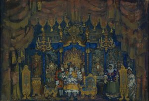 Jourdainsin huone. Lavastus teatterinäytelmään A Bourgeois as a Nobleman, jonka on kirjoittanut J.-B. Moliere, 1911 tekijältä Nikolaj Nikolaevic Sapunov