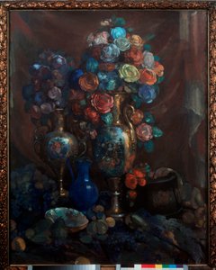 Nature morte (maljakot, fleurs ja hedelmät) - asetelma (maljakoita, kukkia ja hedelmiä) - Nikolai Nikolajevitš Sapunovin (Sapunov) (1880-1912) taideteos, tempera kankaalle