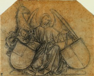 Enkeli, joka tukee kahta peitettä, n. 1470. tekijältä Nikolaus Gerhaert von Leyden