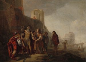 Aleksanteri Suuren legaatit sijoittavat puutarhuri Abdalonymukseen Sidonin kuninkaallisen arvomerkin, n. 1645 - n. 1650 (öljy paneelissa)0