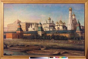 Näkymä Moskovan Kremlistä. Nikolai Ivanovitš Podkljutšnikovin (1813-1877) maalaus öljy kankaalle. 1800-luvun venäläinen taide. Valtion United Museum Center Kremlissä, Moskova. tekijältä Nikolay Ivanovich Podklyuchnikov