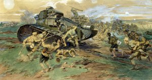 Panssarin vangitseminen Krimillä. Taistelukohta Venäjän sisällissodan aikana (1917-1923), jossa vastustettiin valkoista armeijaa punakaartiin. Nikolai Semjonovitš Samokishin (1860-1944) työ, akvarelli paperille tekijältä Nikolay Semenovich Samokish