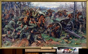 Venäläinen ratsuväki hyökkäyksessä saksalaista tykistöä vuonna 1915 (Venäjän ratsuväki hyökkäyksessä saksalaista tykistöä vuonna 1915). Nikolai Jakovlevich Borisovin (1873-1942) maalaus. Öljy kankaalle, 75 x 142 cm, 1900-luvun alun venäläistä taidetta. Osa tekijältä Nikolay Yakovlevich Borisov