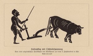 Antiikin Kreikan härkävetoinen aura (litografia) tekijältä Nikosthenes