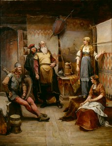 Viikinki Harald Harfagren seurustelulähettiläs Gydalle (öljy kankaalle)