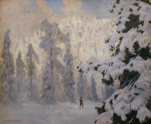 Hunter hiihtää talvimaisemassa