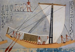 Purjevene ja airot, kopio freskosta Kaemronkh VI:n haudasta, Giza, 4. dynastia, Nina Daviesin laatima levy teoksesta Ancient Egyptian Paintings (muinaiset egyptiläiset maalaukset). tekijältä Nina de Garis Davies