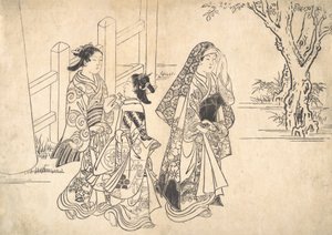 Kurtesaani, jota seuraa kaksi tyttöä, n. 1690-1751. tekijältä Nishikawa Sukenobu