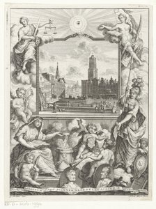 Stadsgezicht met Domkerk te Utrecht en allegorie met Utrechtse stedenmaagd Otsikko: Elias de Vries, Dissertatio juridica, de jure naturale ac gentium, seu duobus prioribus juris fontibus, 1745. tekijältä Noach van der Meer (I)