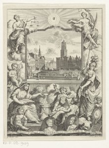 Stadsgezicht met Domkerk te Utrecht en allegorie met Utrechtse stedenmaagd Otsikko: Elias de Vries, Dissertatio juridica, de jure naturale ac gentium, seu duobus prioribus juris fontibus, 1745. tekijältä Noach van der Meer (I)